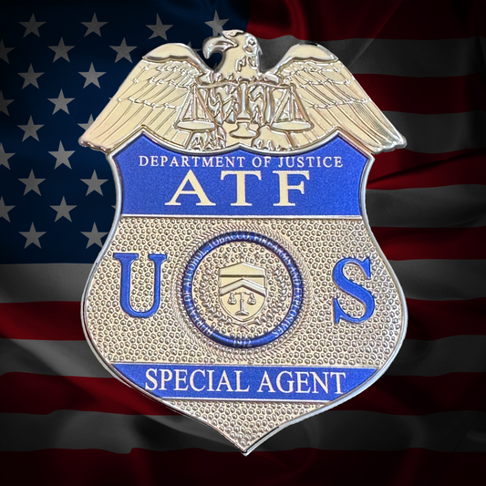 ATF Special Agent badge with American flag in the background