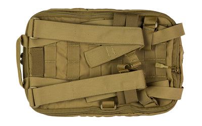 Tan tactical pouch with multiple straps and compartments on a white background
