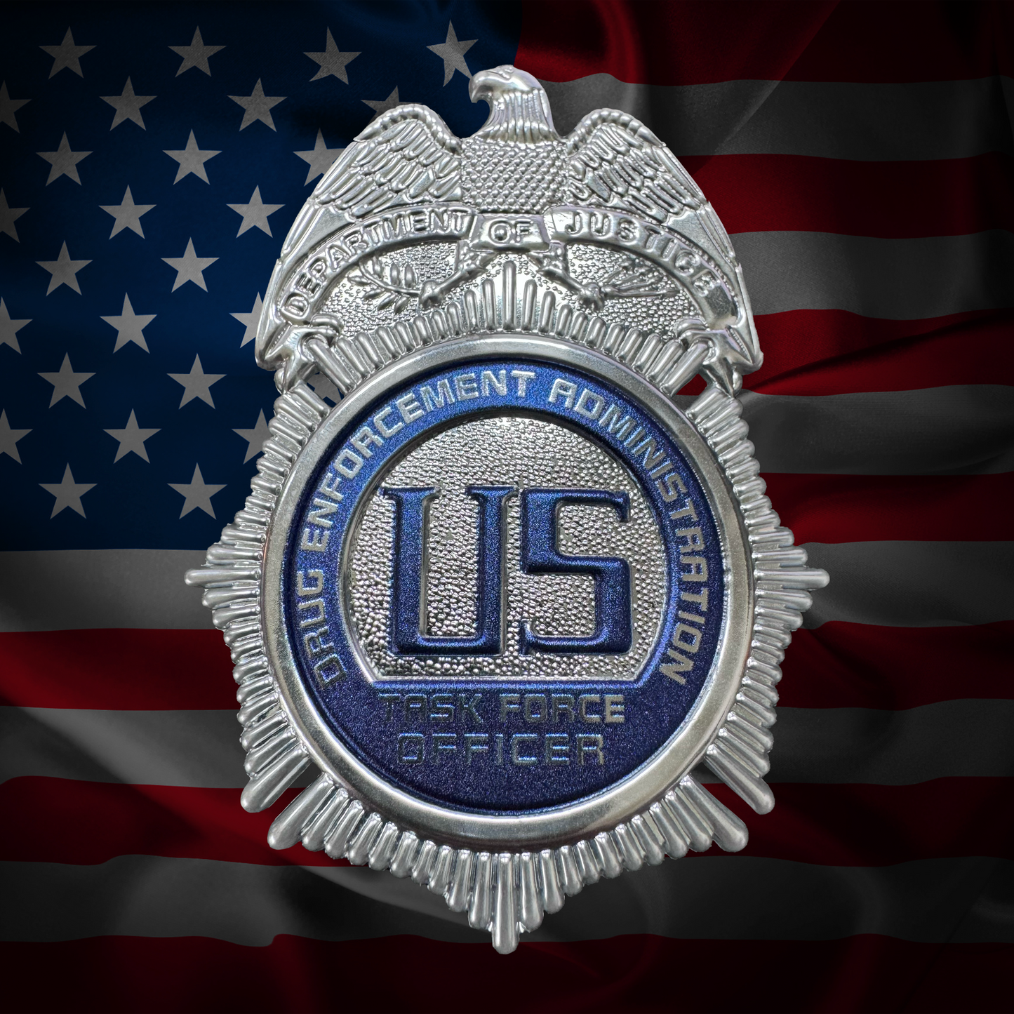 Drug Enforcement Administration flex badge on an American flag background