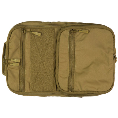 Brown tactical pouch with multiple zippers on a white background
