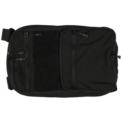 Black bag with multiple compartments on a white background