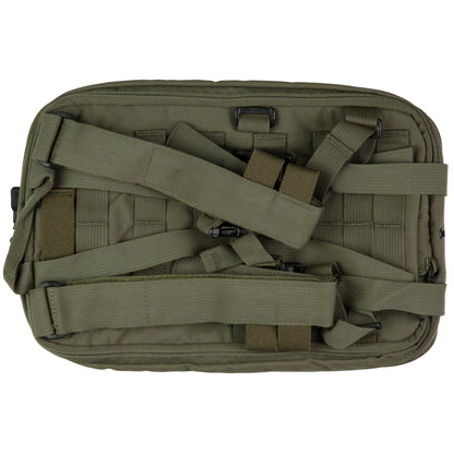 Green tactical pouch with multiple straps on a white background
