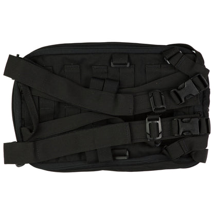Black tactical bag with multiple straps and buckles on a white background
