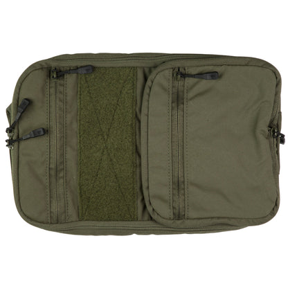 Green tactical bag with multiple zippers on a white background