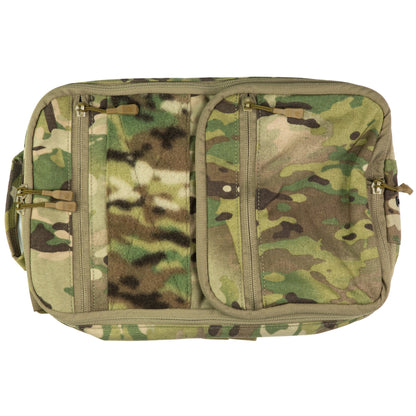 Camouflage bag with multiple zippers on a white background