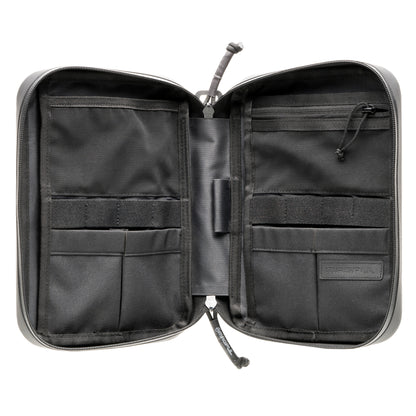Black tactical pouch with multiple compartments on a white background