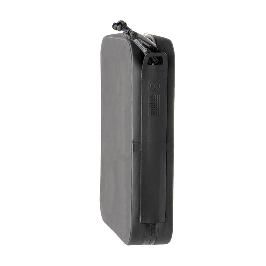 Gray DAKA pouch with a black zipper on a white background