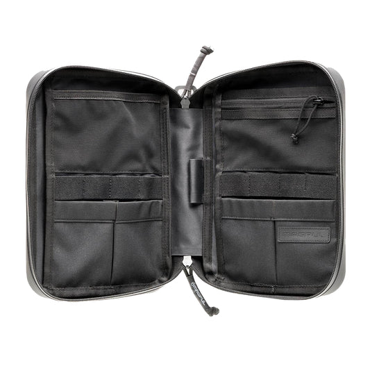 Black tactical pouch with multiple compartments on a white background