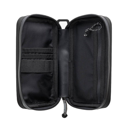 Black tactical pouch with multiple compartments on a white background