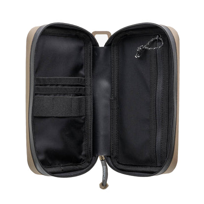 Open black tactical pouch with beige exterior on a white background