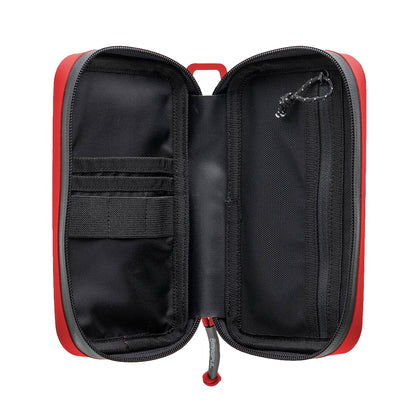 Black and red travel case with open compartments on a white background