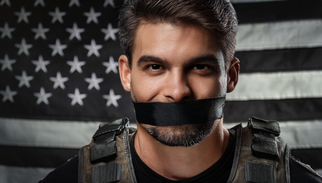 A police officer in uniform with black tape over his mouth, symbolizing the restrictions on officers speaking out.